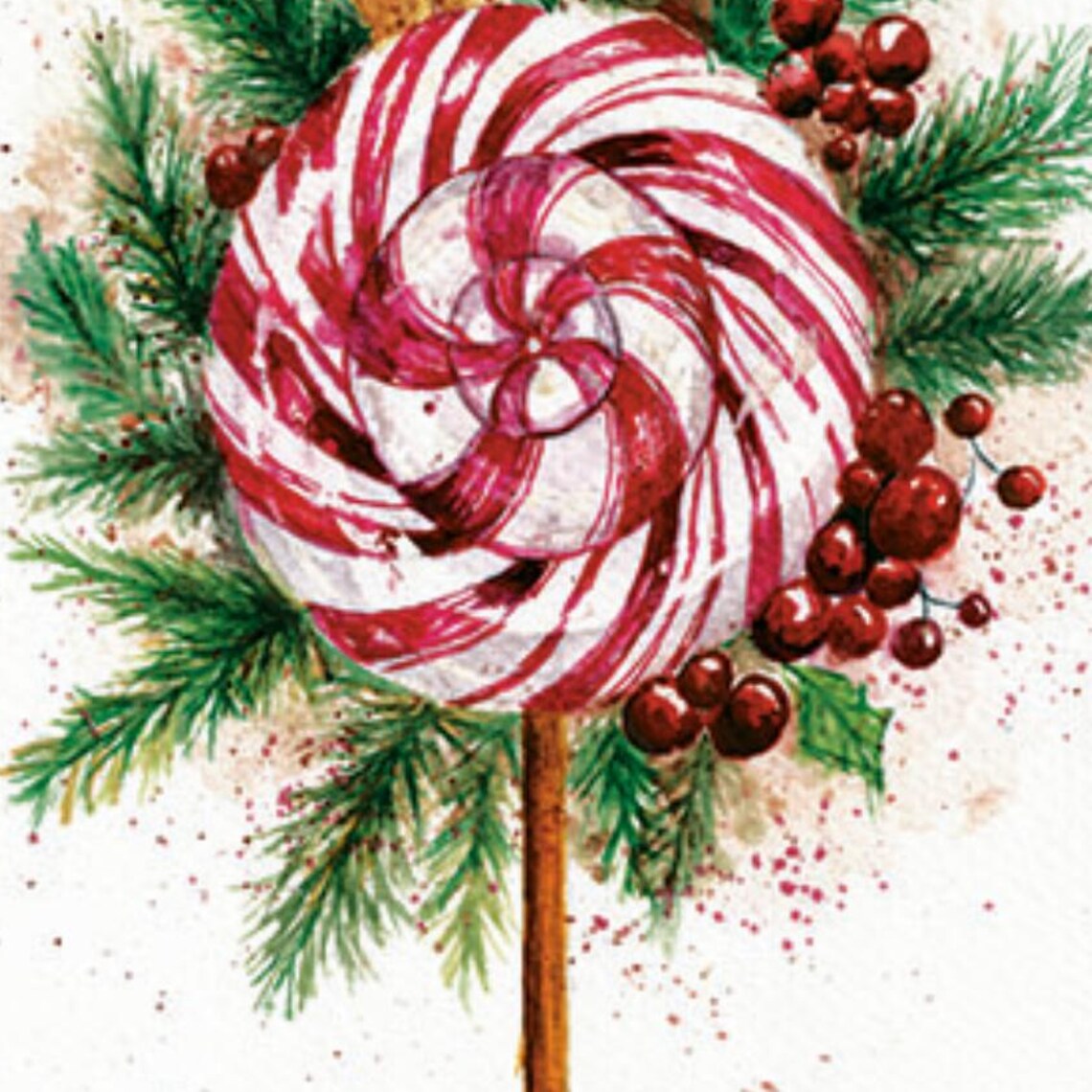 Peppermint Swirl Lollipop Christmas Watercolor Holiday Print