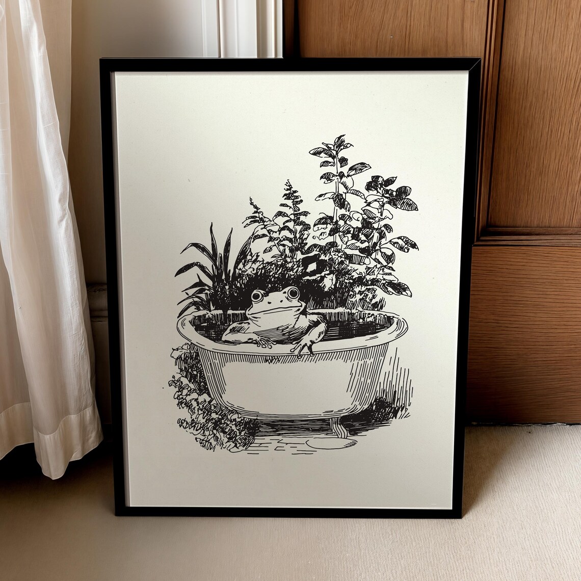 Frog In Tub, Rustic Bathroom Art Print