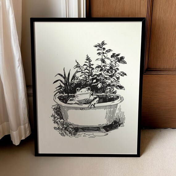 Frog In Tub, Rustic Bathroom Art Print