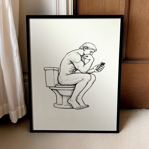 Funny Bathroom Art Thinker Parody Simple Toilet Print Minimalist Monochrome Restroom Decor Digital Download