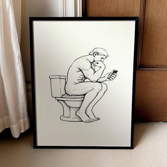 The Thinker On Toilet Scrolling Phone Funny Bathroom Art Poster