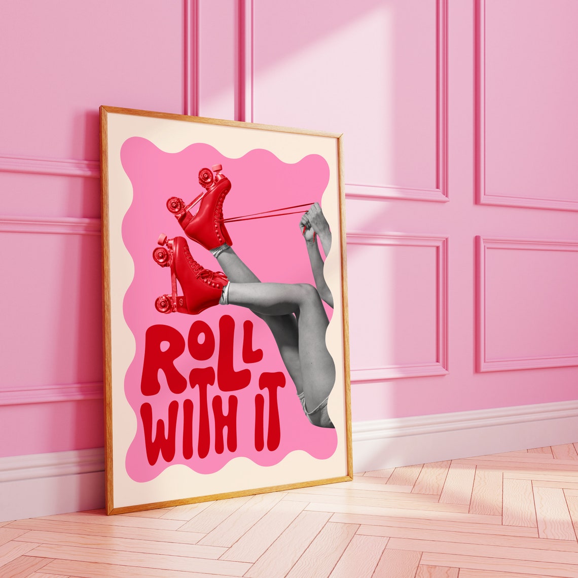 Roll With It Retro Pink Roller Skates Funky Typography Poster