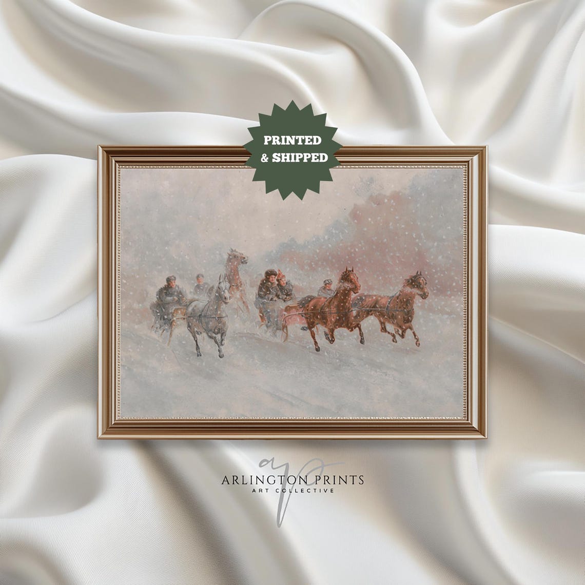 Vintage Snowy Sleigh Ride Horses Snowstorm Winter Painting Poster
