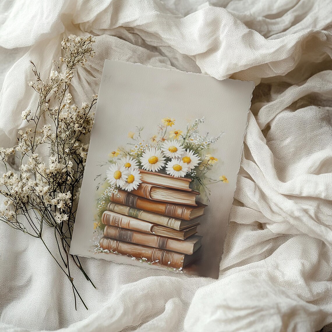 Vintage Books Daisy Bouquet Still Life Library Decor Art Print - Image 5