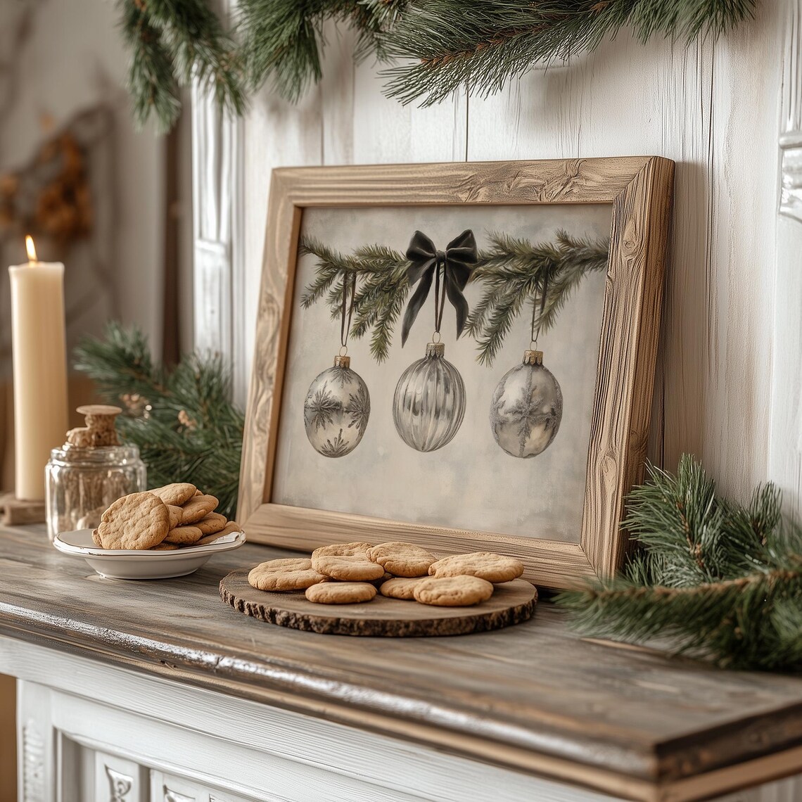 Silver Glass Christmas Ornaments Evergreen Garland Black Bow Poster - Image 3