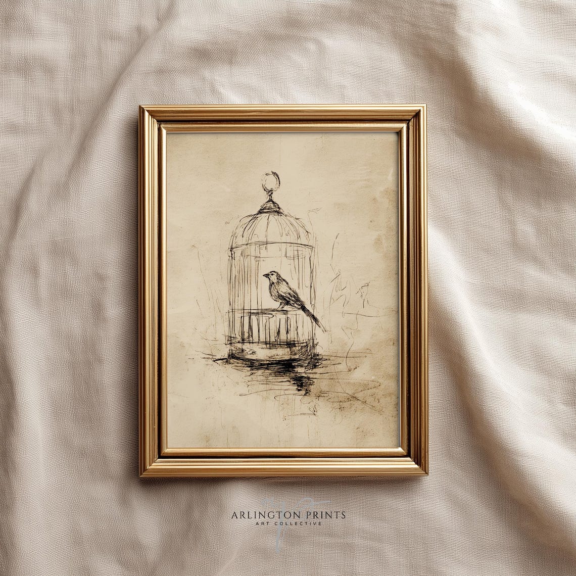 Vintage Birdcage Ink Sketch With Bird Minimal Rustic Drawing Art Print