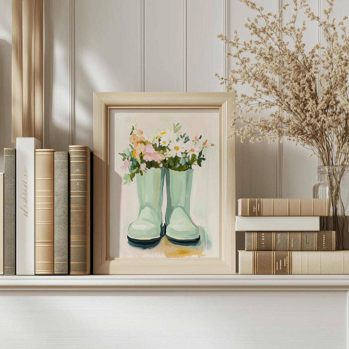 Sage Green Rain Boots Spring Flowers Watercolor Garden Art Print - Image 4