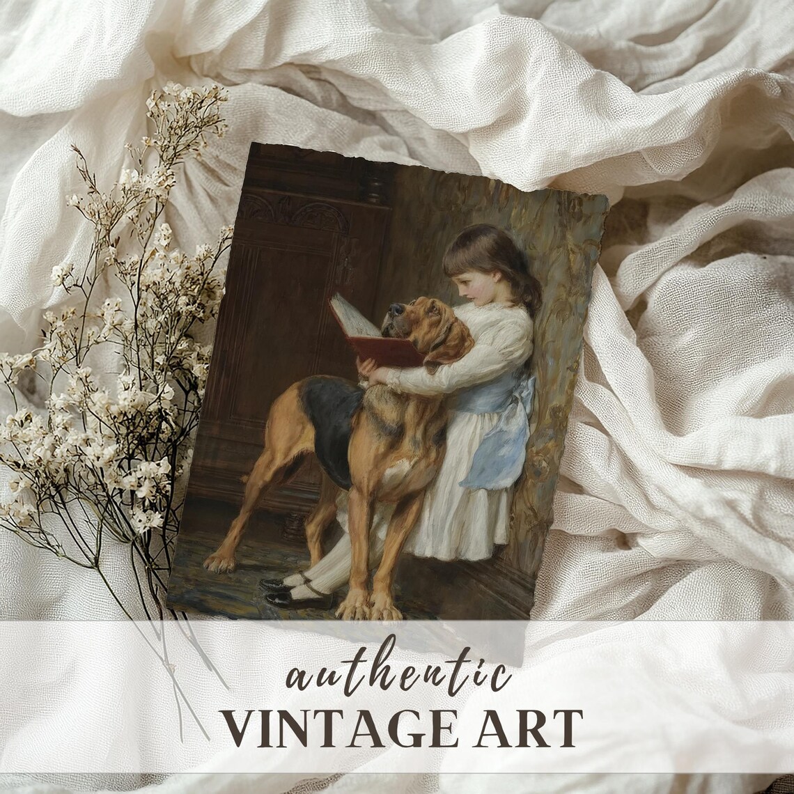 Girl Reading with Hound Classical Oil Painting Vintage Dog Poster - Image 3