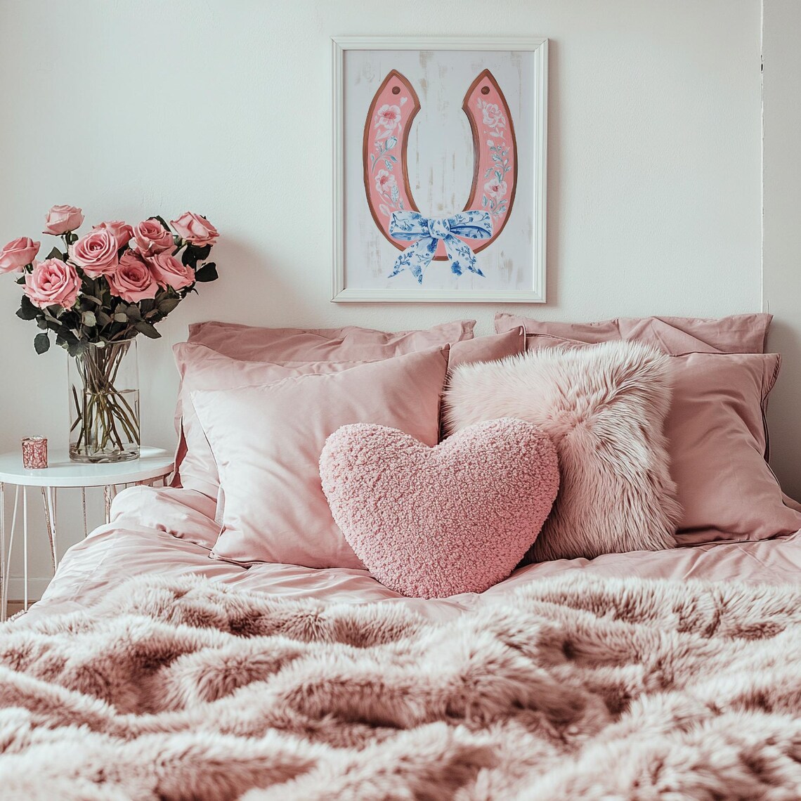 Pink Floral Horseshoe With Blue Ribbon Bow Lucky Wall Poster - Image 2