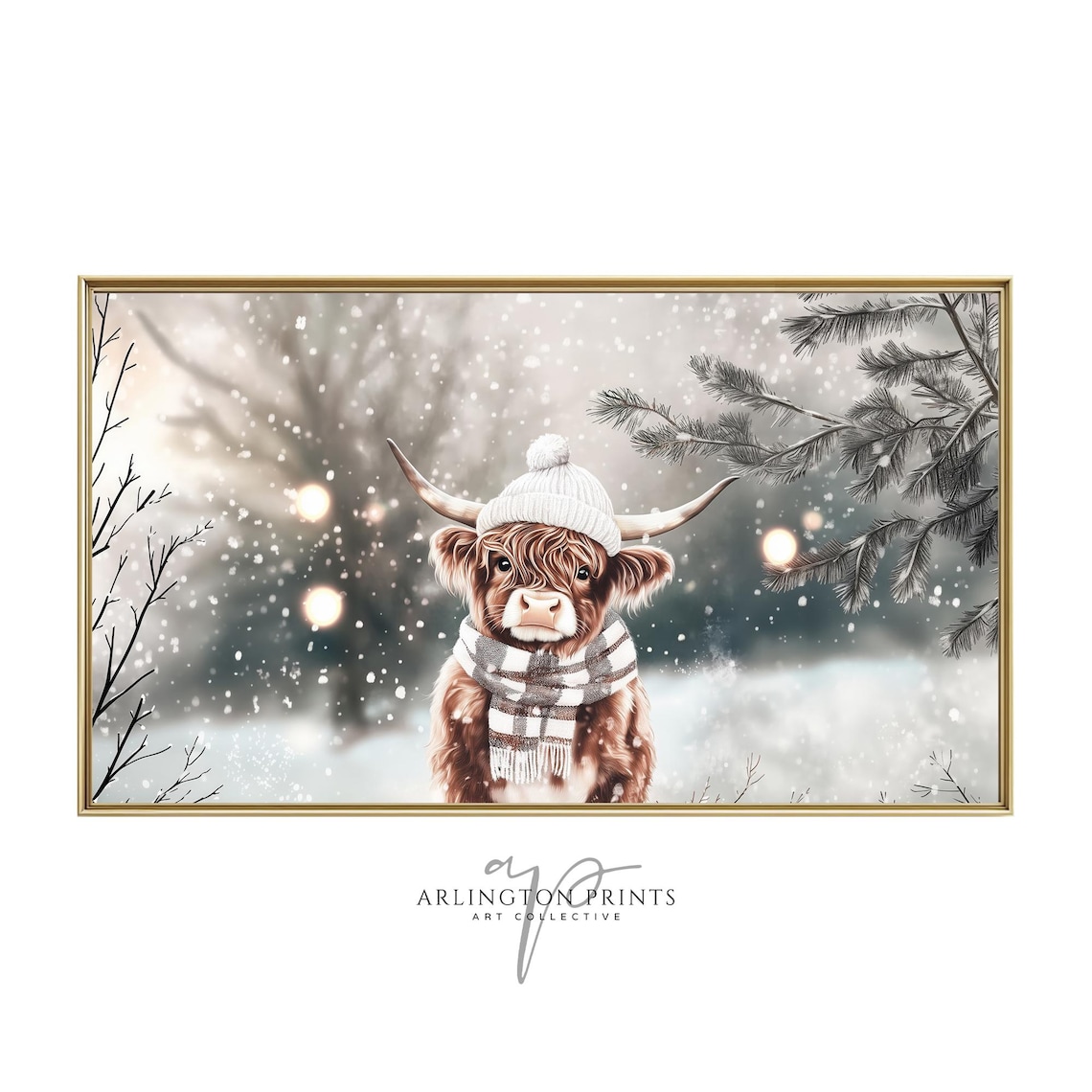 Winter Highland Cow Art Print, Cute Christmas Painting