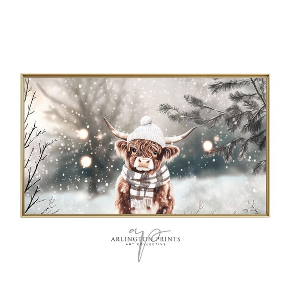 Winter Highland Cow Art Print, Cute Christmas Painting