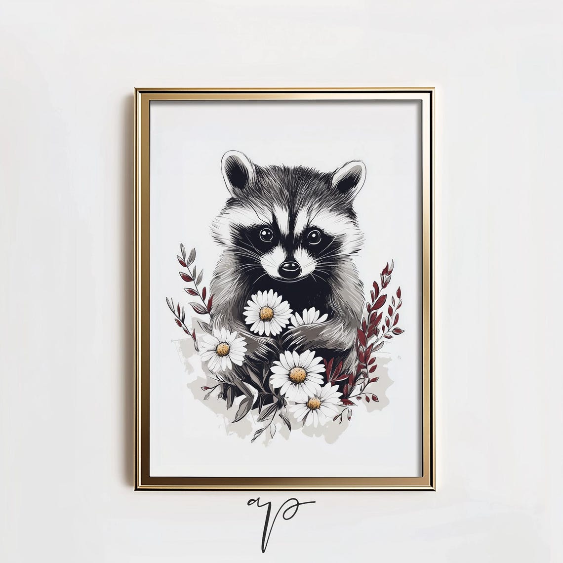 Woodland Raccoon Sketch Daisy Floral Neutral Nursery Room Poster