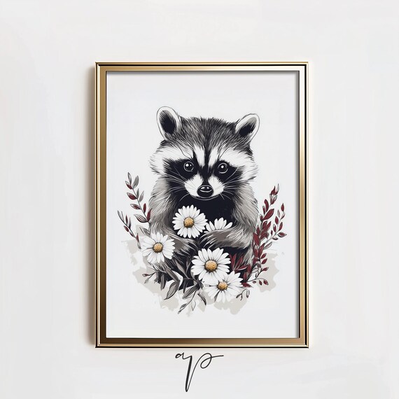 Woodland Raccoon Sketch Daisy Floral Neutral Nursery Room Poster