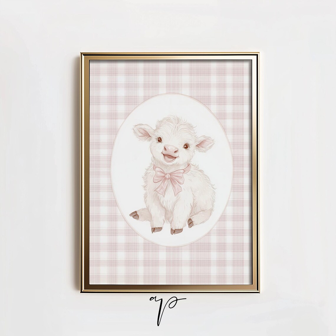 Baby Highland Cow Calf Pink Bow Gingham Nursery Animal Print
