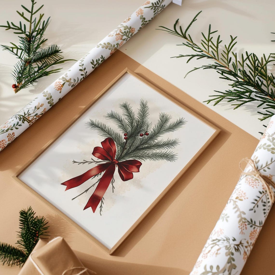 Evergreen Fir Branch Bundle Red Berries Big Red Bow Holiday Poster - Image 3