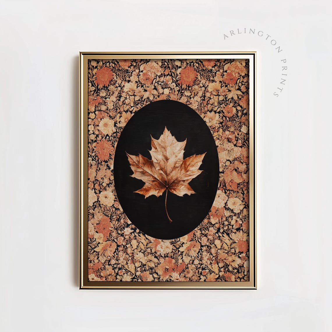 Golden Maple Leaf on Black Oval Vintage Floral Chintz Art Print
