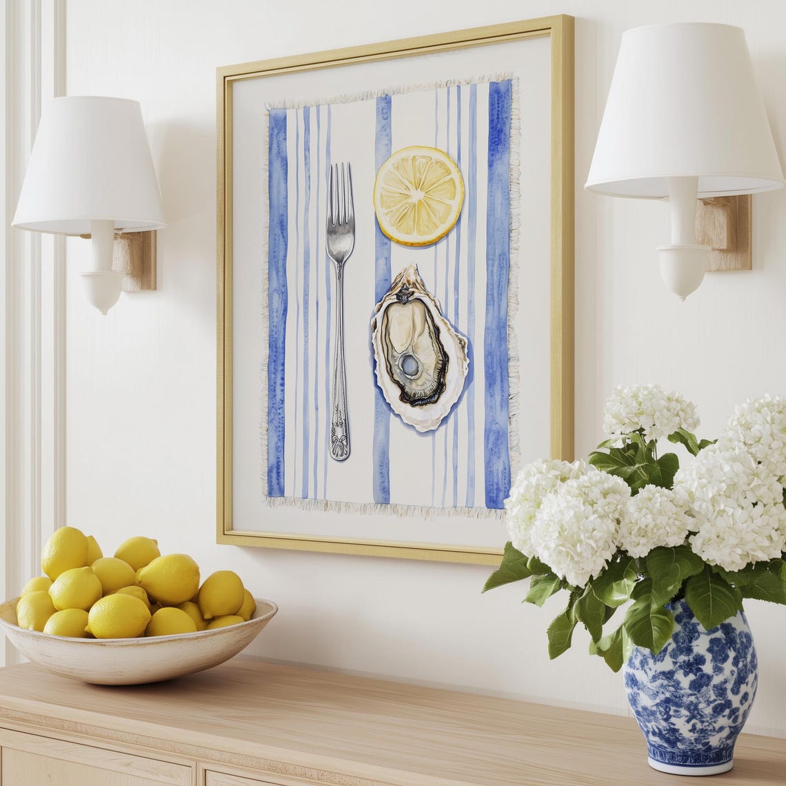 Oyster Fork Lemon Watercolor Seafood Kitchen Navy Stripe Poster - Image 2
