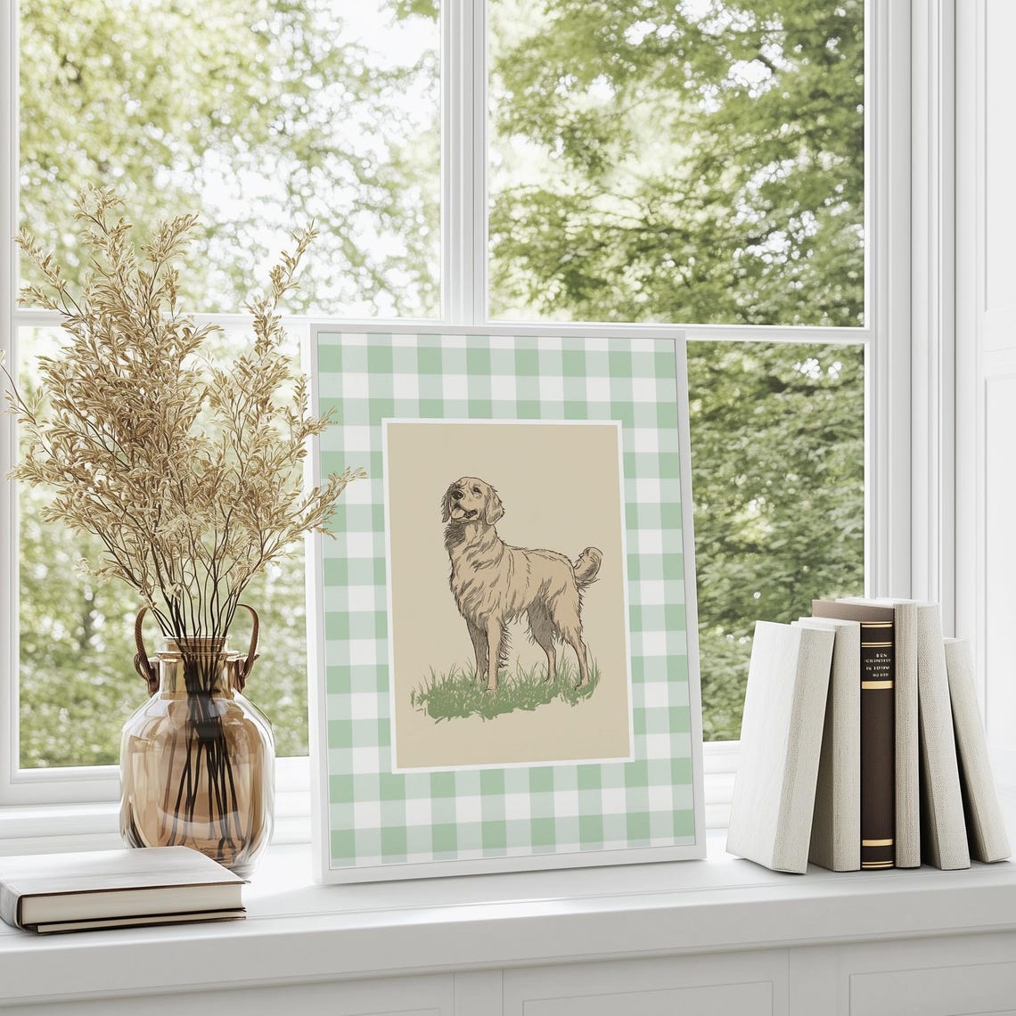 Vintage Golden Retriever Sketch On Green Gingham Nursery Poster - Image 3