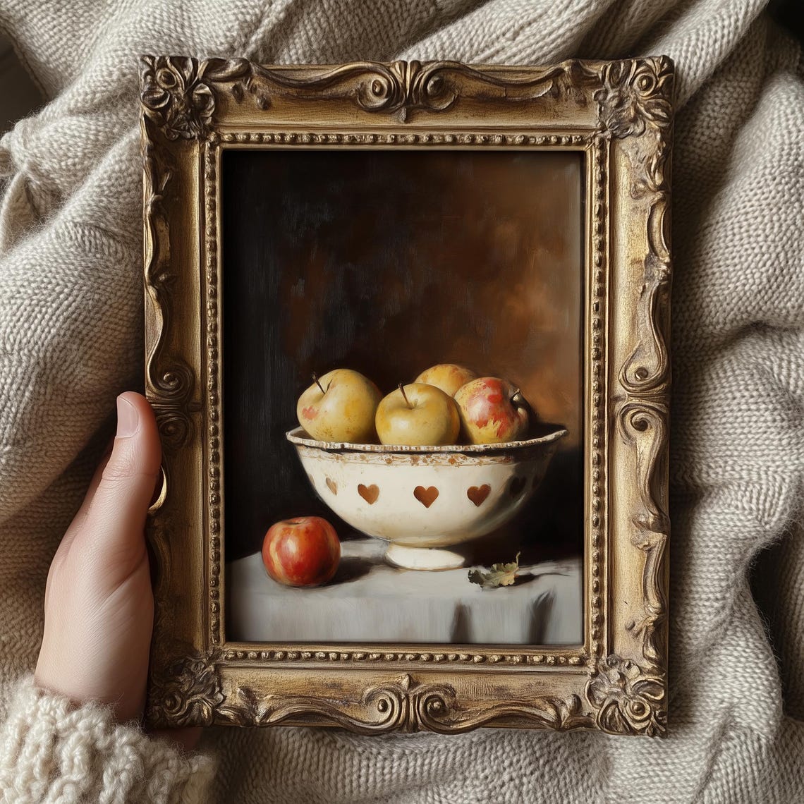 Rustic Bowl Of Apples Moody Dark Still Life Kitchen Decor Poster - Image 5