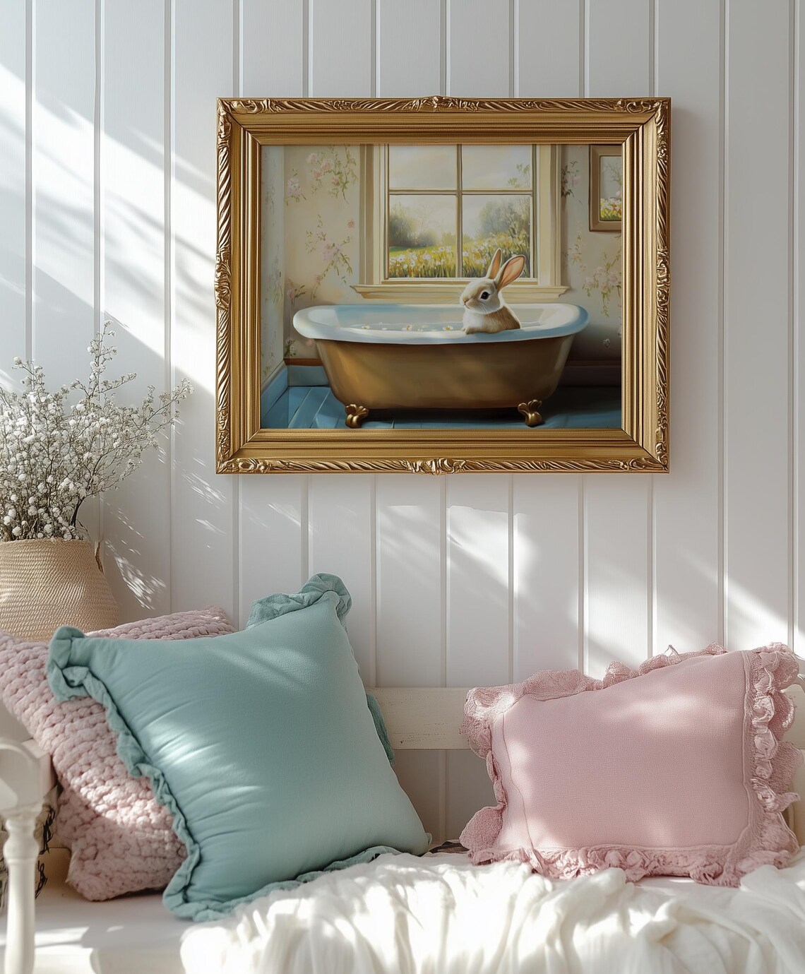 Adorable Bunny Bath Time in a Golden Vintage Clawfoot Tub Poster - Image 6