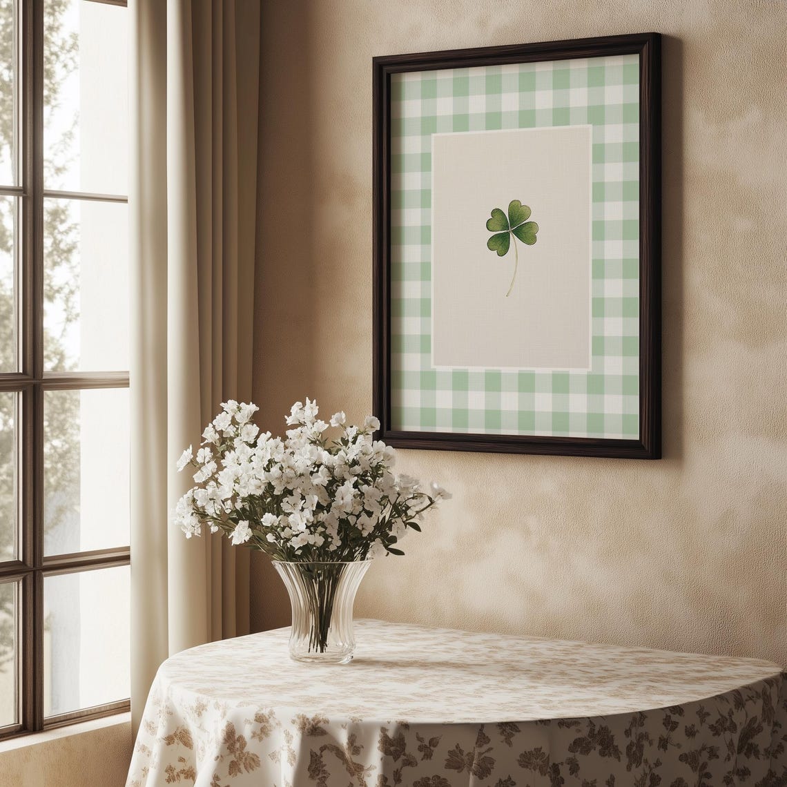 Lucky Four Leaf Clover Watercolor on Green Gingham Check Print - Image 4