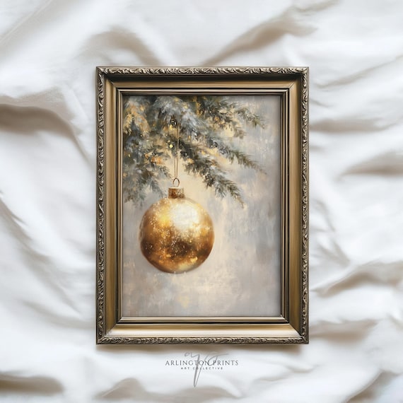 Gold Christmas Ornament Painting Vintage Holiday Bauble Wall Art