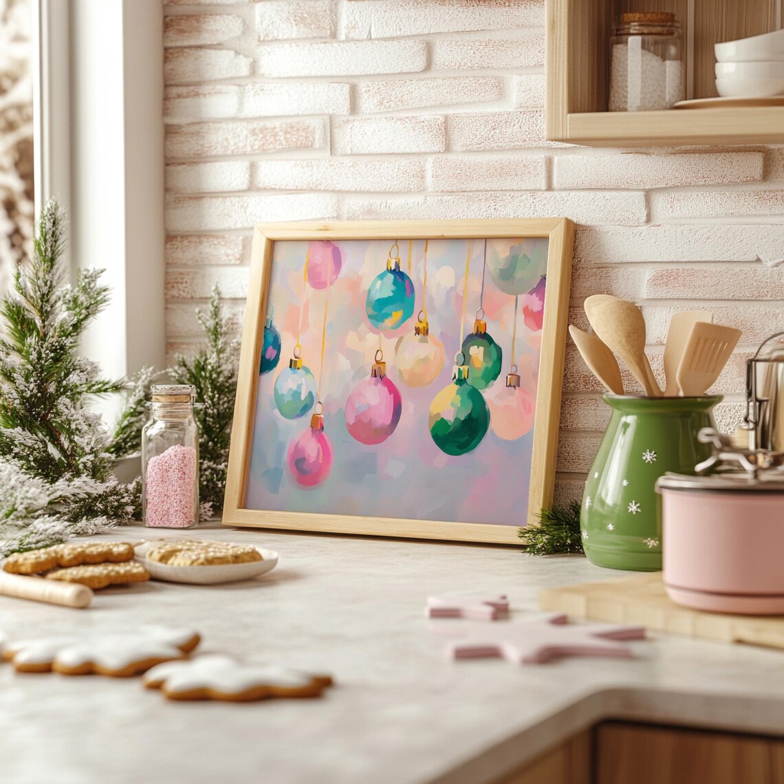 Pastel Christmas Ornaments Art Print, Preppy Winter Decor - Image 2