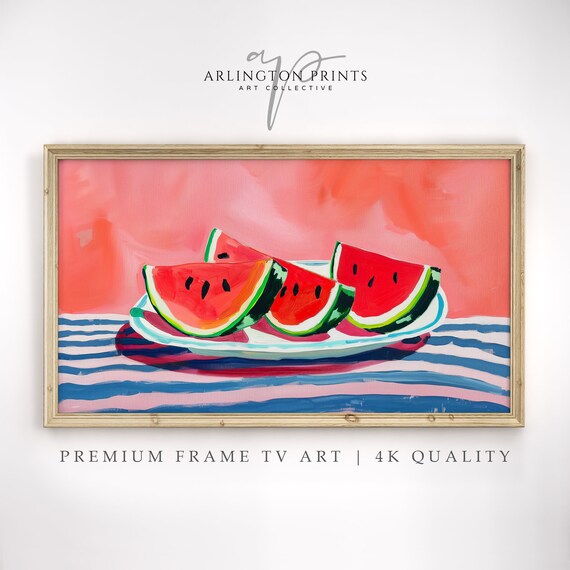Watermelon Slices Plate Coral Background Bold Still Life Poster