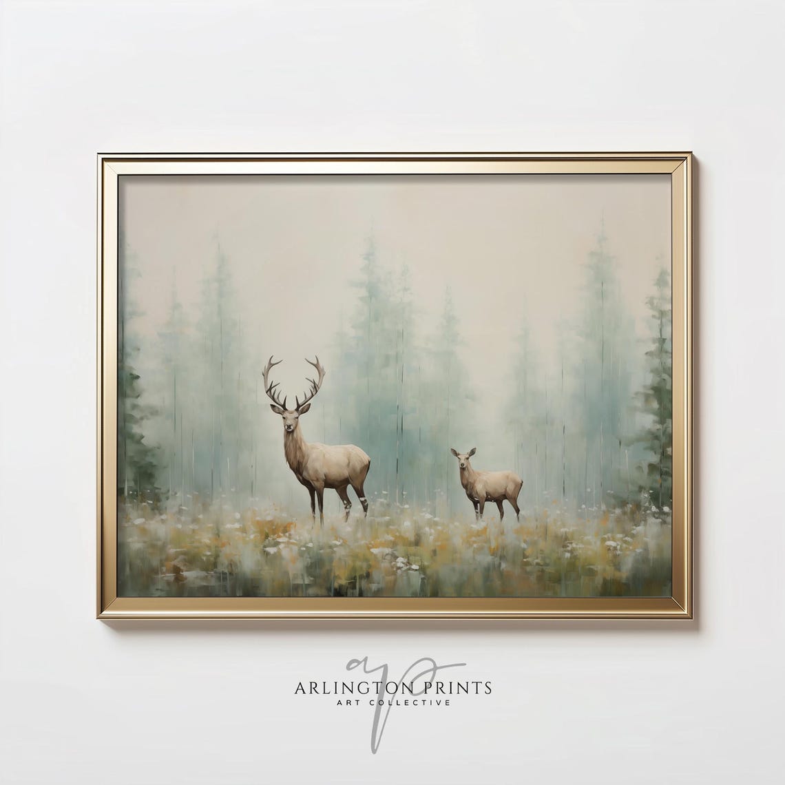 Minimalist Buck And Doe Deer Misty Forest Meadow Painting Print