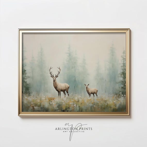 Minimalist Buck And Doe Deer Farmhouse Art Print Cozy Cabin Wildlife Oil Painting A4112
