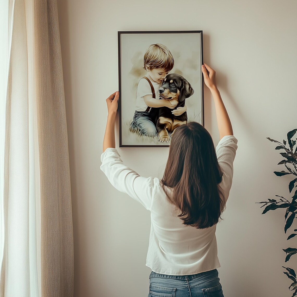 Little Boy Hugging Rottweiler Puppy Tender Nursery Painting Poster - Image 4