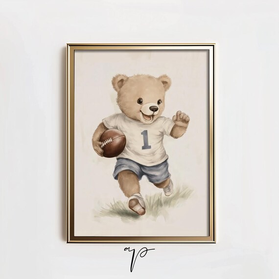 Teddy Bear Running With Football Jersey Number 1 Nursery Art Poster