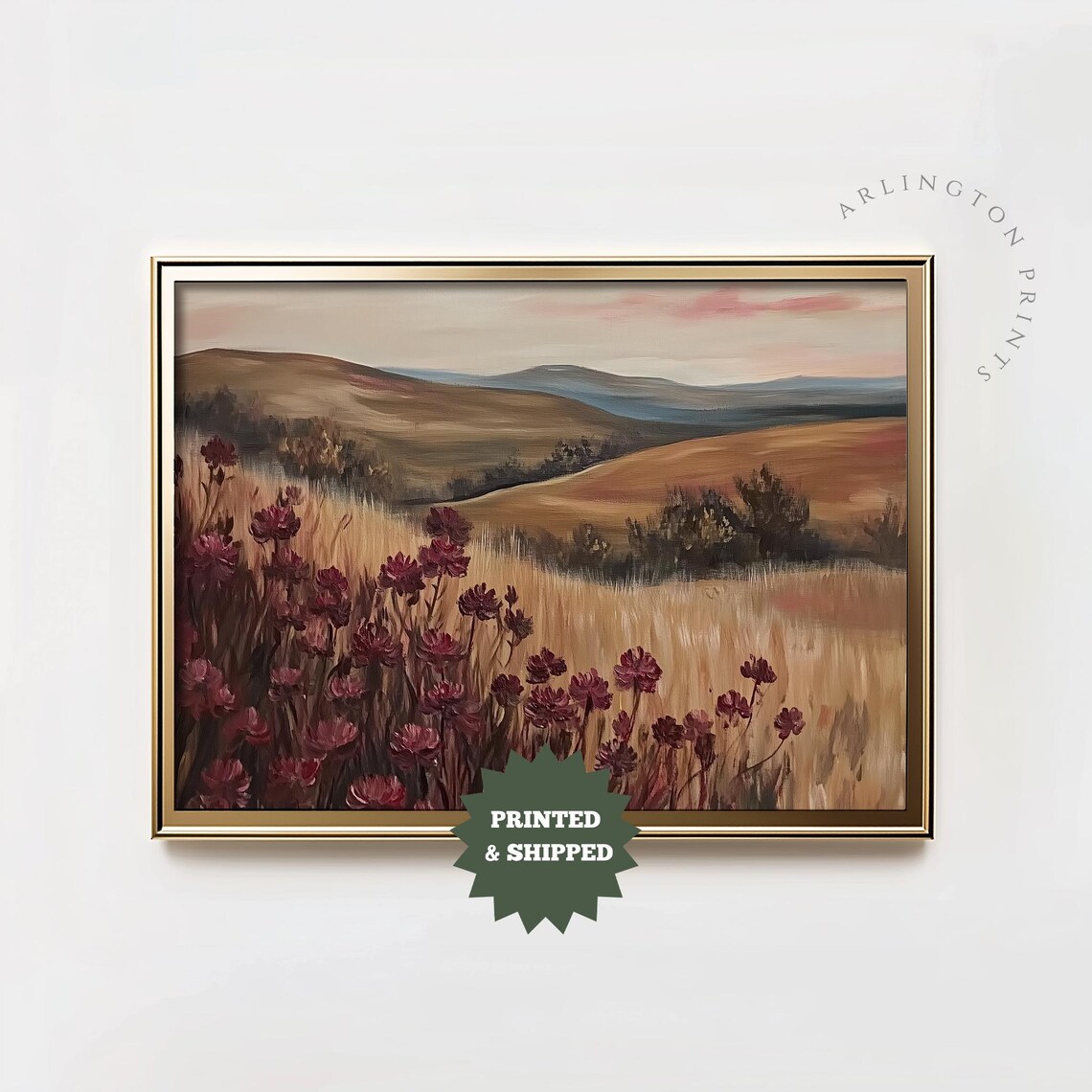 Moody Red Wildflowers Vintage Oil Painting Art Print