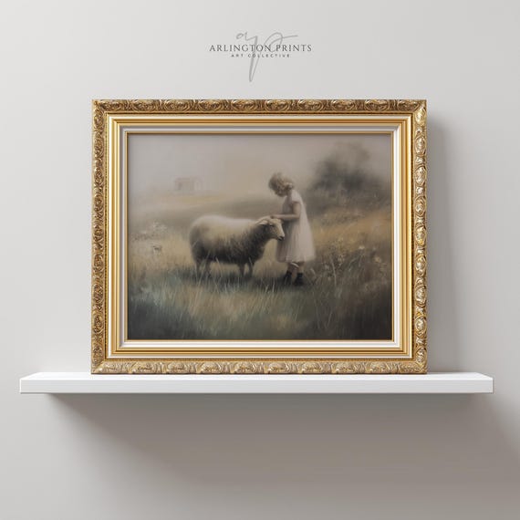 Soft Girl And Sheep Vintage Pastoral Art Print