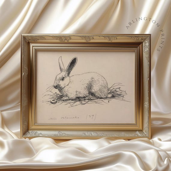 Vintage Bunny Etching Print, Rustic Farmhouse Decor