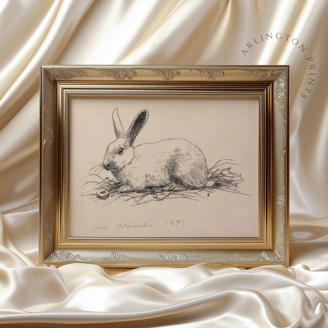 Vintage Bunny Etching Print, Rustic Farmhouse Decor