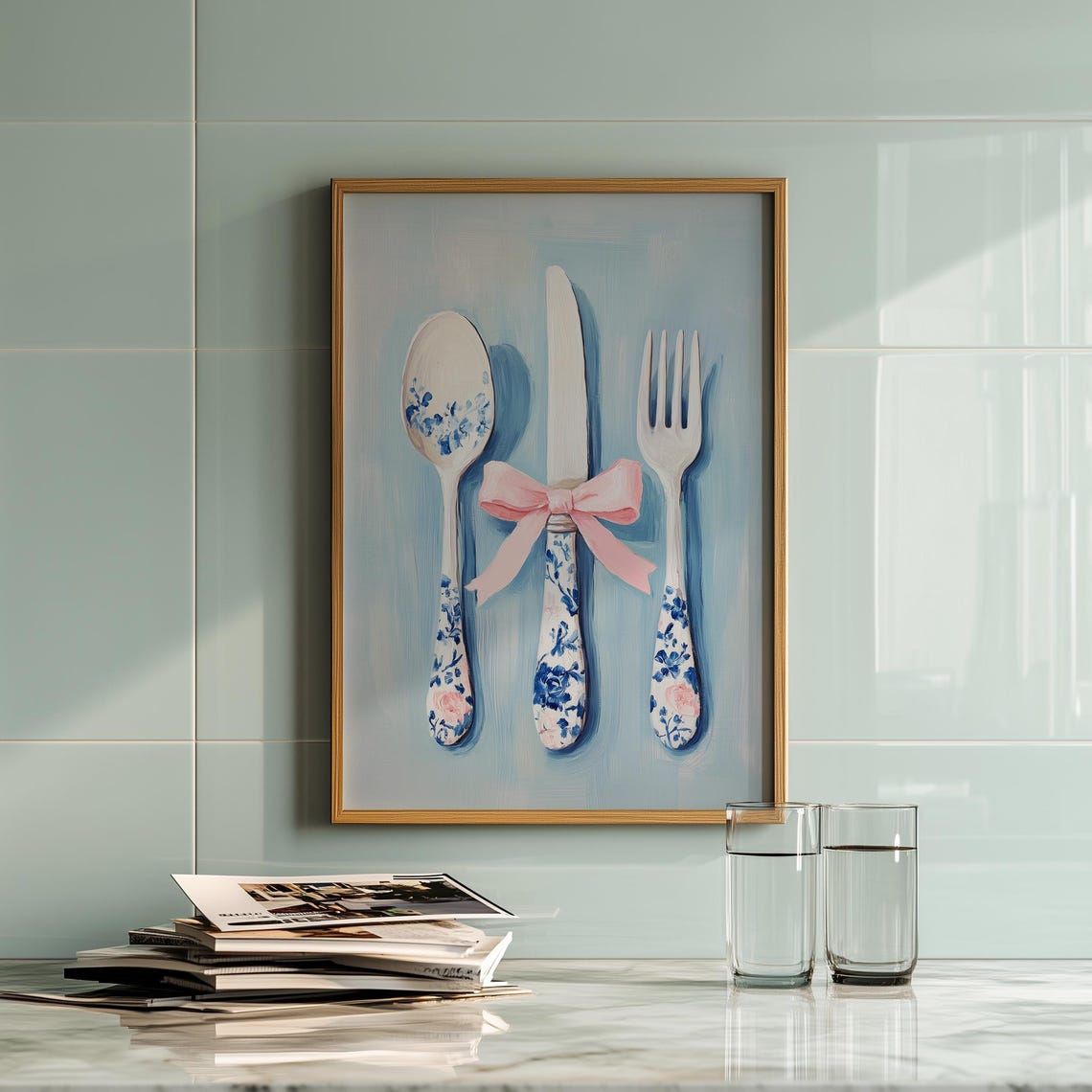 Spoon Knife Fork Floral Porcelain Pink Bow Kitchen Art Print - Image 2
