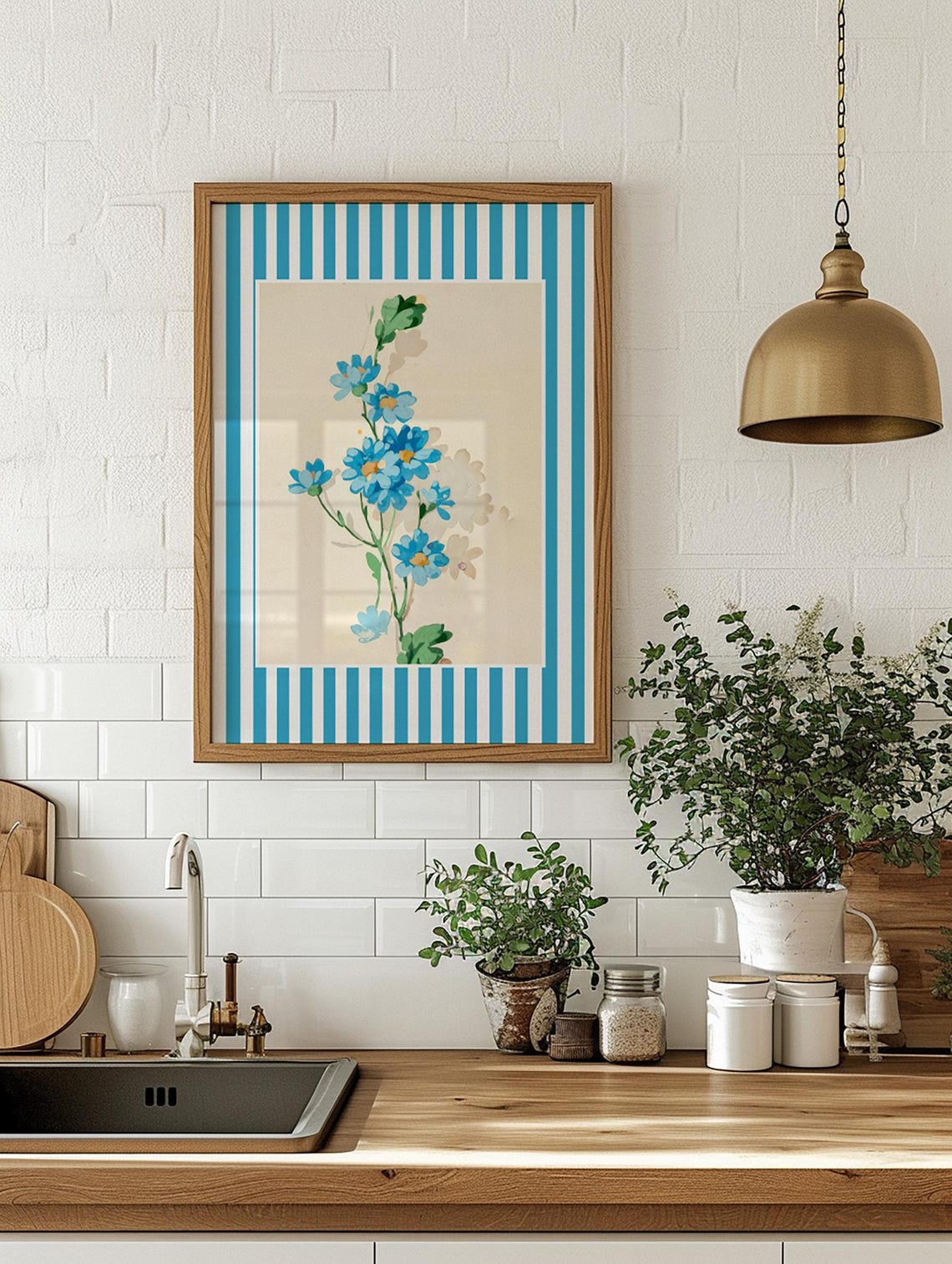 Blue Wildflower Meadow Striped Border Botanical Vintage Art Poster - Image 3