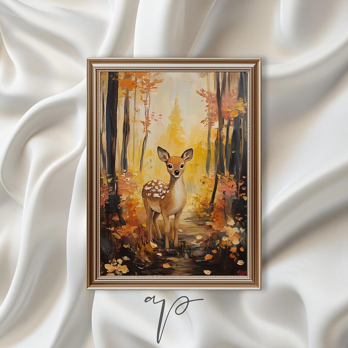 Baby Fawn Autumn Forest Golden Woodland Deer Nursery Art Poster