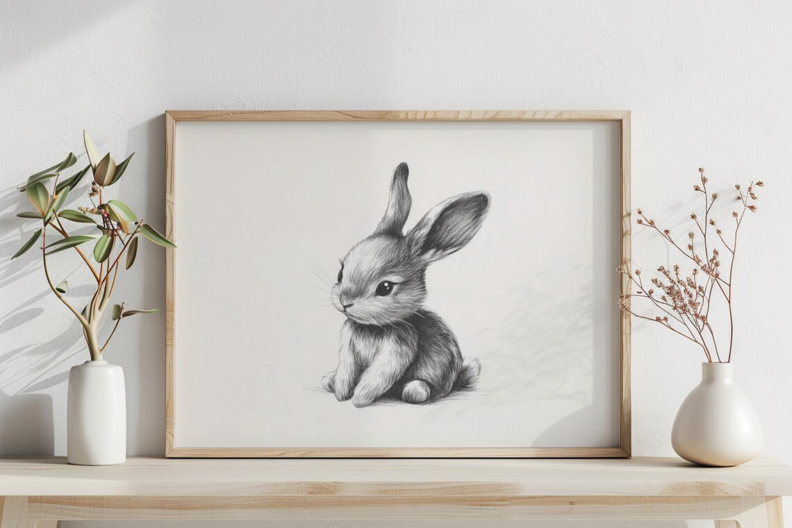 Sweet Baby Bunny Pencil Sketch Minimalist Nursery Rabbit Line Print - Image 3