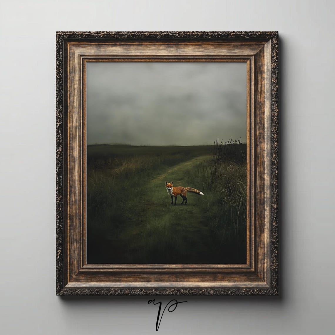 Red Fox in Moody Dark Meadow Dramatic Woodland Wildlife Art Poster - Image 4