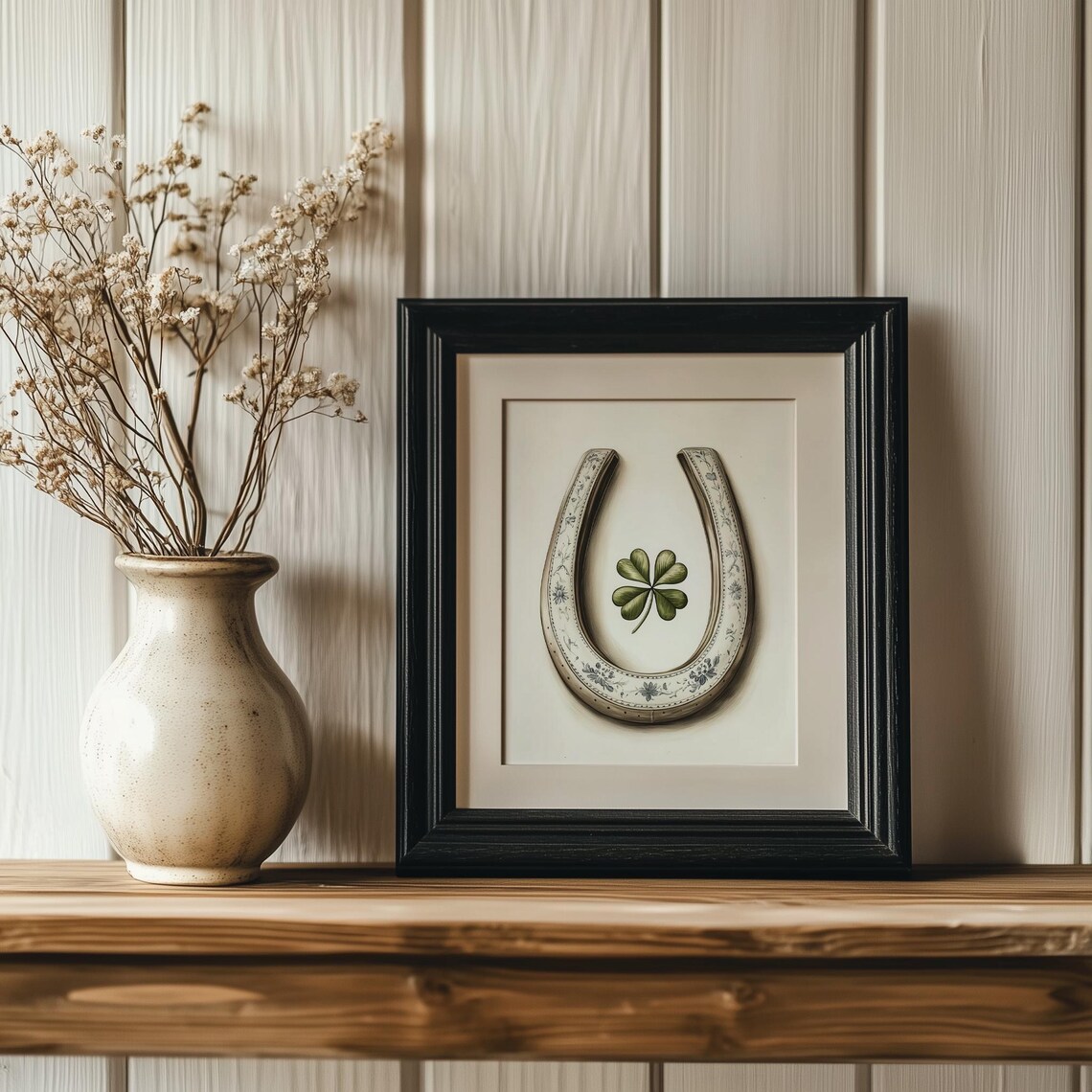Cream Porcelain Horseshoe Shamrock Floral Lucky Charm Art Print - Image 4
