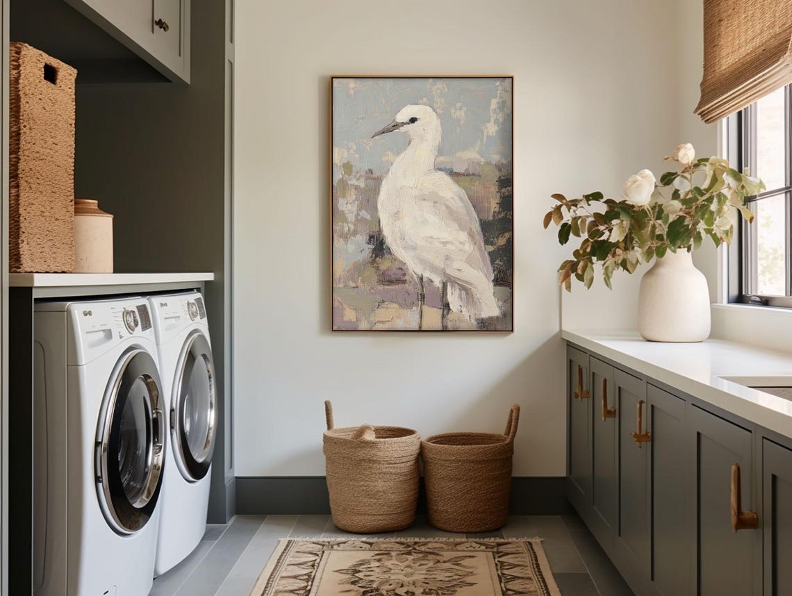 White Egret Heron Standing Abstract Muted Coastal Bird Painting Poster - Image 2