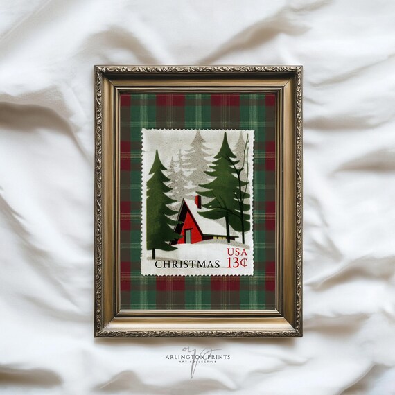 Vintage Christmas Stamp Art Snowy Cabin Plaid Holiday Poster