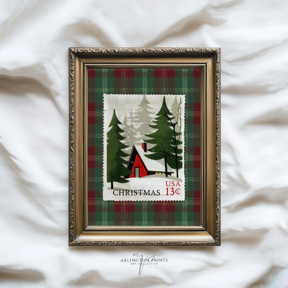 Vintage Christmas Stamp Art Snowy Cabin Plaid Holiday Poster