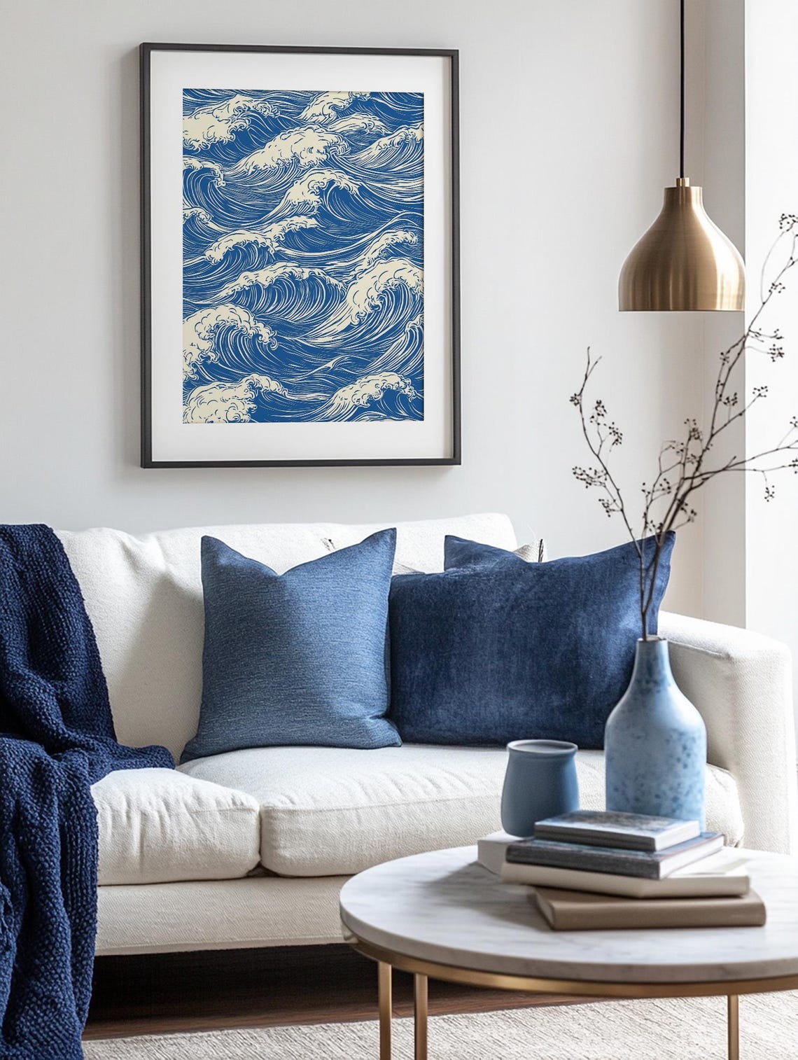 Modern Abstract Ocean Waves Print Nautical Home Decor Blue Beach Wall Art Japanese Inspired Blue White Sea Pattern Poster - Image 5
