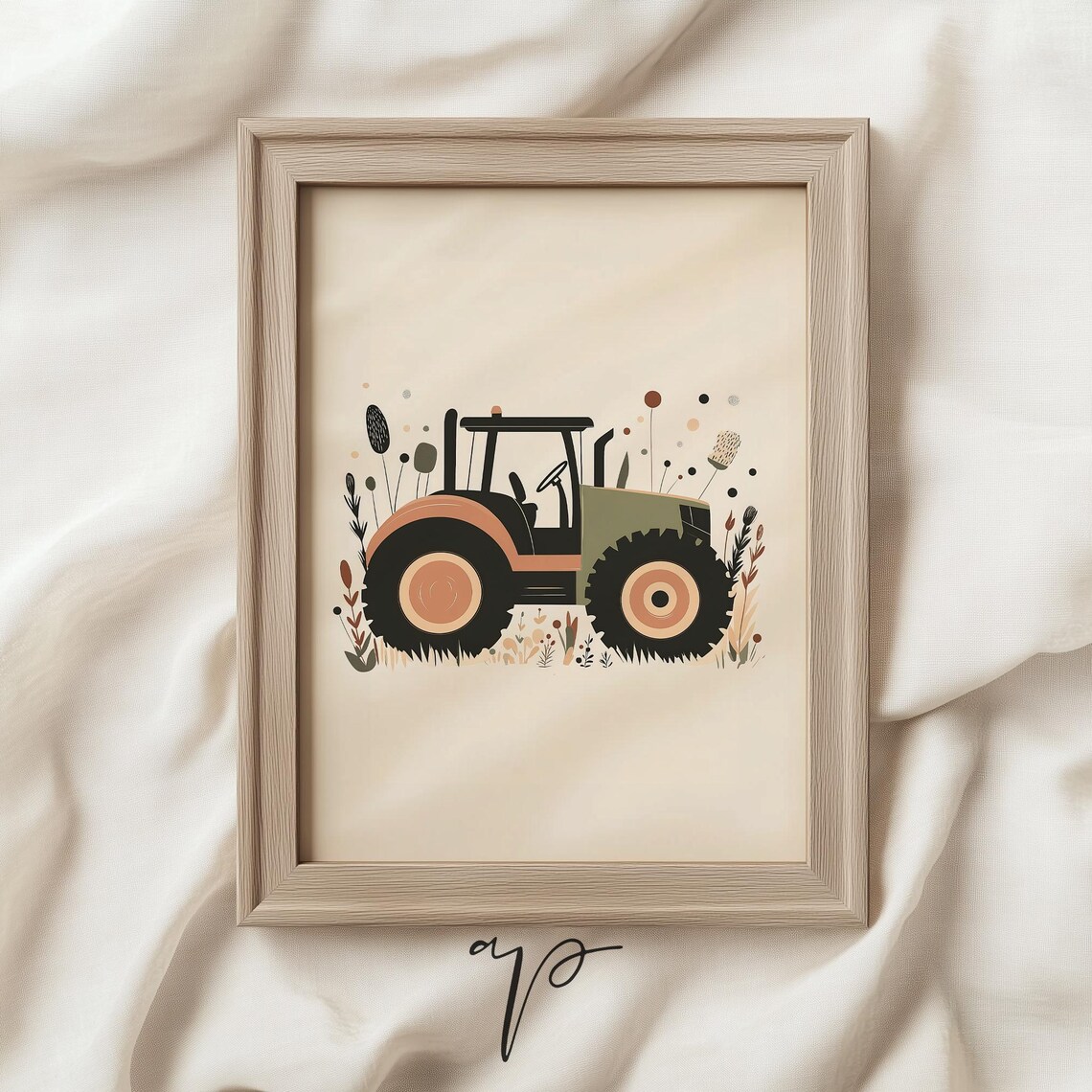 Green Farm Tractor With Wildflowers Nursery Boys Room Art Poster