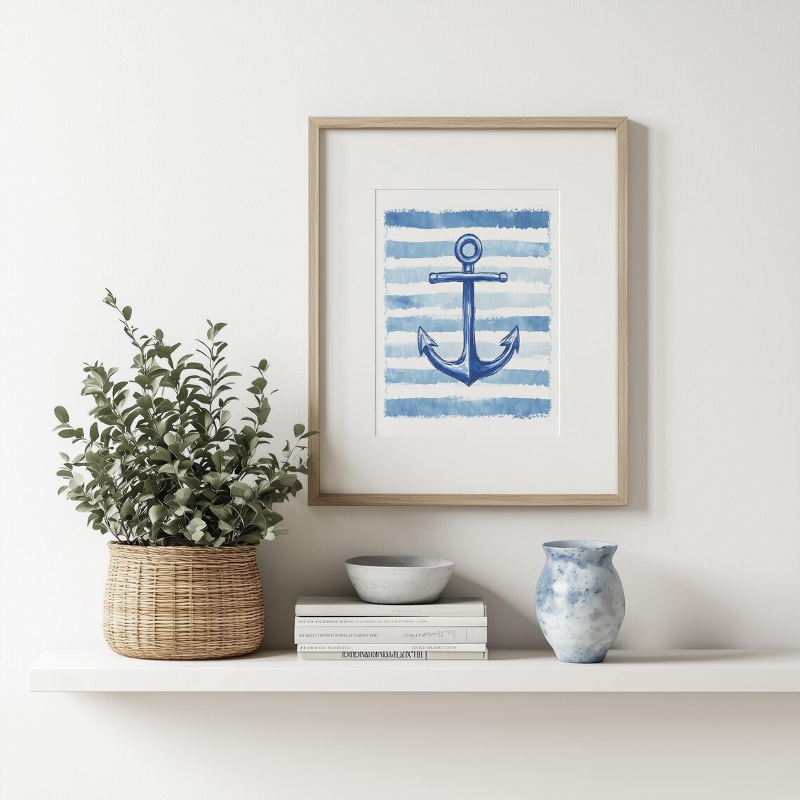 Navy Anchor Watercolor Nautical Stripes Coastal Beach House Poster - Image 2