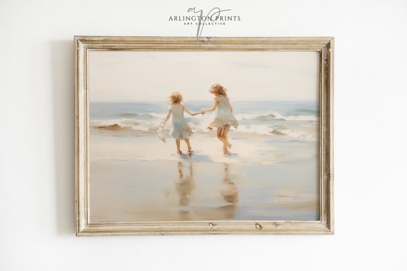 Children At Beach Nursery Art Vintage Oil Painting Summer Decor Childrens Room