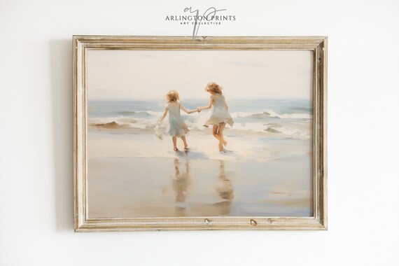 Two Little Girls Running on the Beach Soft Impressionist Art Poster